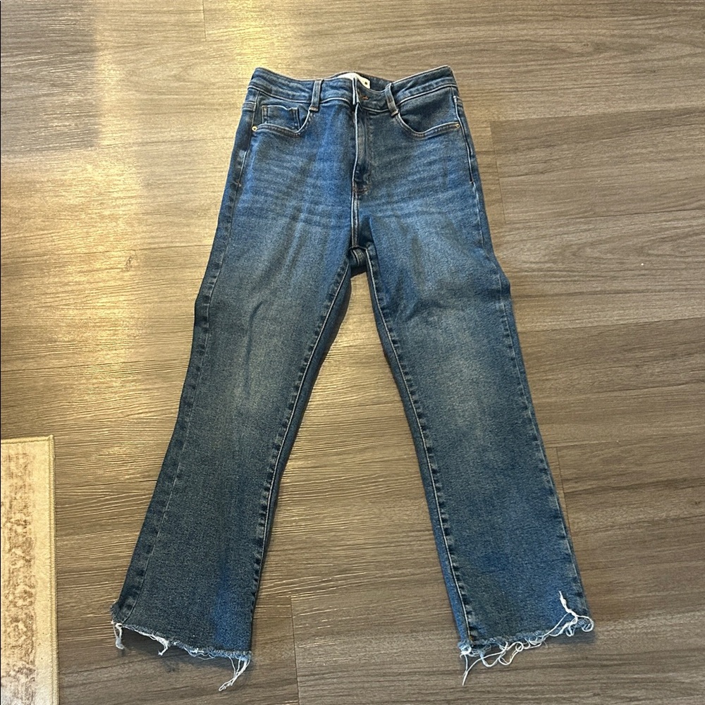 Zara Straight Leg Frayed Hem Jeans - Blue